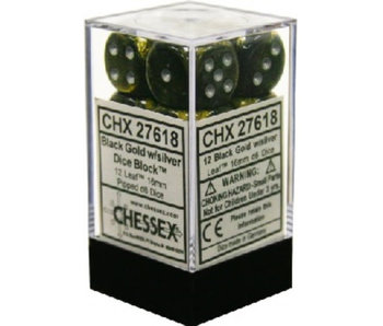 Leaf 12 * D6 Black Gold / Silver 16mm Chessex Dice (CHX27618)