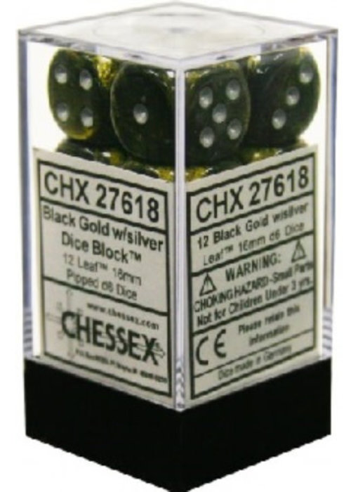 Leaf 12 * D6 Black Gold / Silver 16mm Chessex Dice (CHX27618)