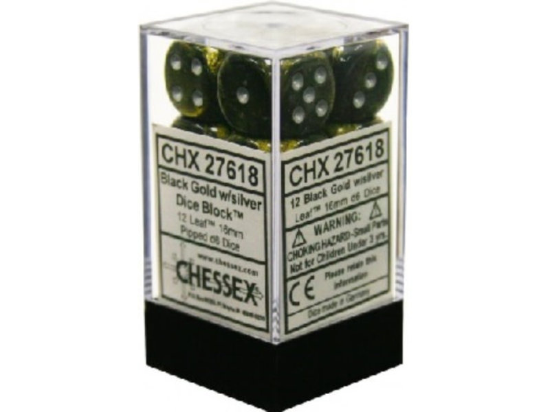 Chessex Leaf 12 * D6 Black Gold / Silver 16mm Chessex Dice (CHX27618)