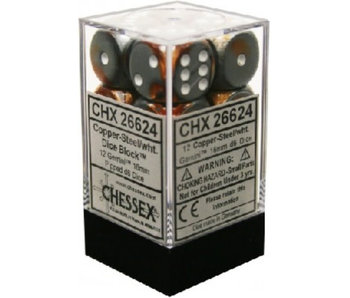 Gemini 12 * D6 Copper-Steel / White 16mm Chessex Dice (CHX26624)