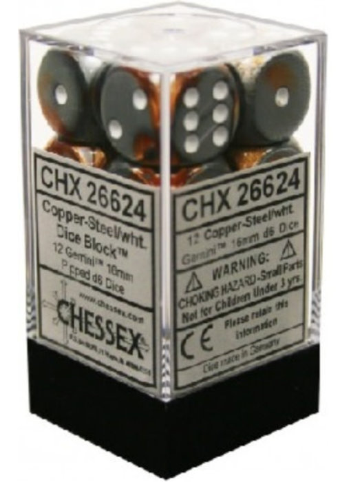 Gemini 12 * D6 Copper-Steel / White 16mm Chessex Dice (CHX26624)