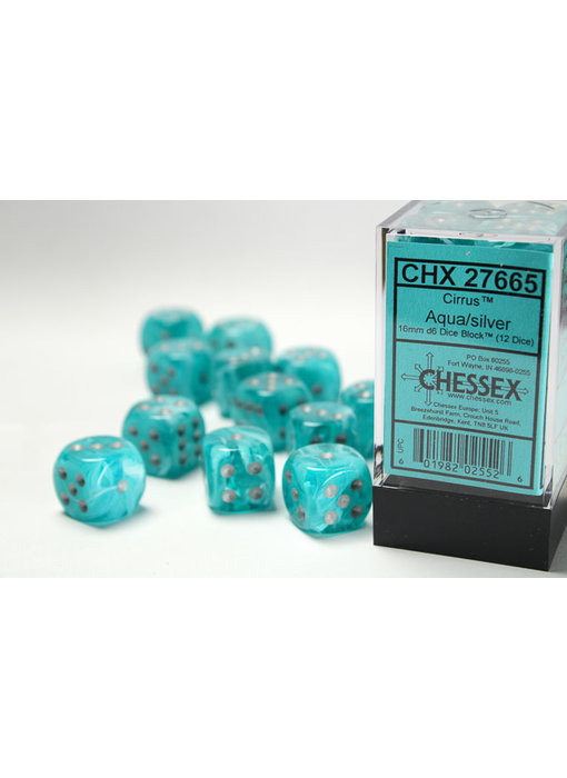 Cirrus 12 * D6 Aqua / Silver 16mm Chessex Dice (CHX27665)