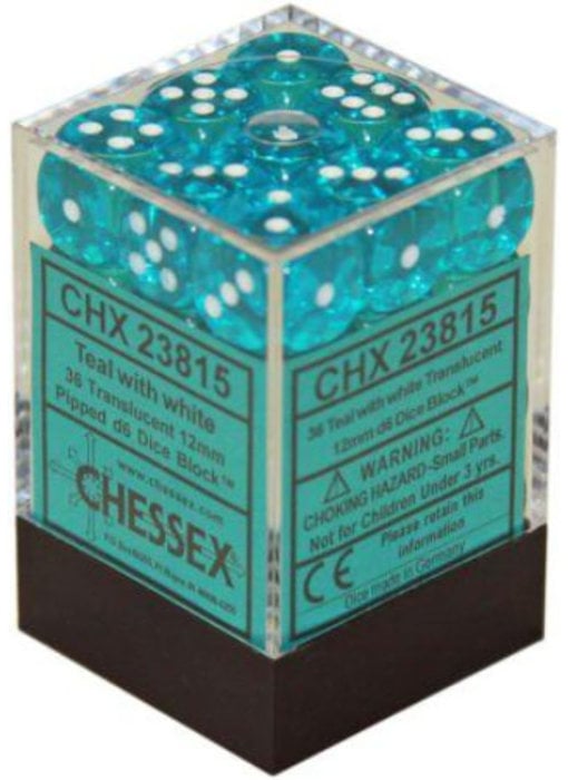Translucent 36 * D6 Teal / White 12mm Chessex Dice (CHX23815)