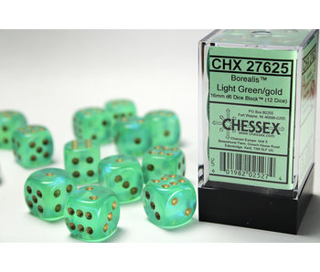 Borealis 12 * D6 Light Green / Gold 16mm Chessex Dice (CHX27625)