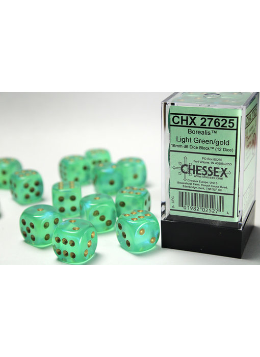 Borealis 12 * D6 Light Green / Gold 16mm Chessex Dice (CHX27625)