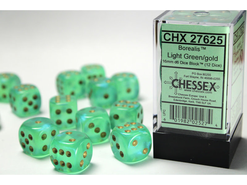Chessex Borealis 12 * D6 Light Green / Gold 16mm Chessex Dice (CHX27625)