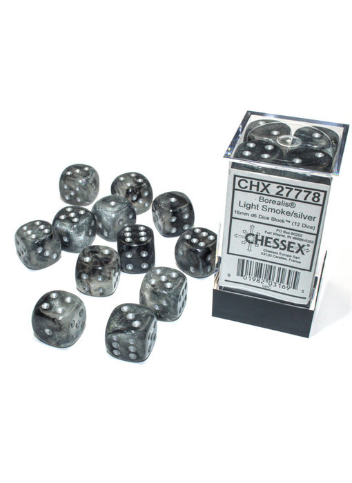 Borealis 12 * D6 Light Smoke / Silver 16mm Luminary Chessex Dice (CHX27778)