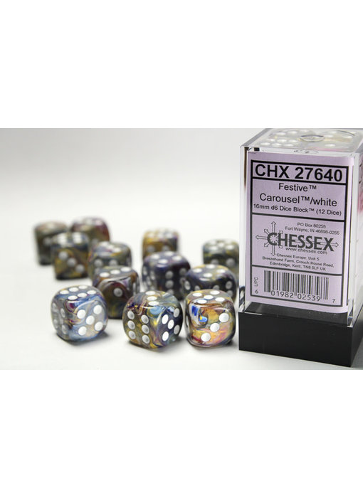 Festive 12 * D6 Caroussel /  White 16mm Chessex Dice (CHX27640)