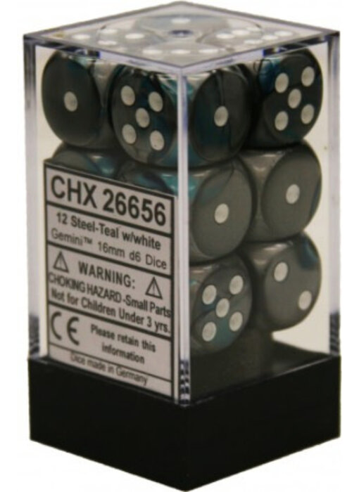 Gemini 12 * D6 Steel-Teal / White 16mm Chessex Dice (CHX26656)