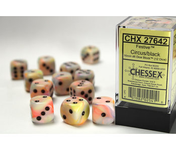 Festive 12 * D6 Circus / Black 16mm Chessex Dice (CHX27642)