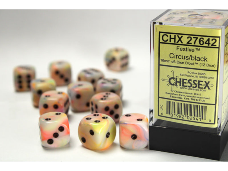 Chessex Festive 12 * D6 Circus / Black 16mm Chessex Dice (CHX27642)