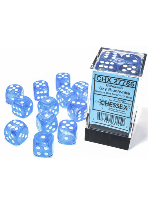 Borealis 12 * D6 Sky Blue / White 16mm Luminary Chessex Dice (CHX27786)