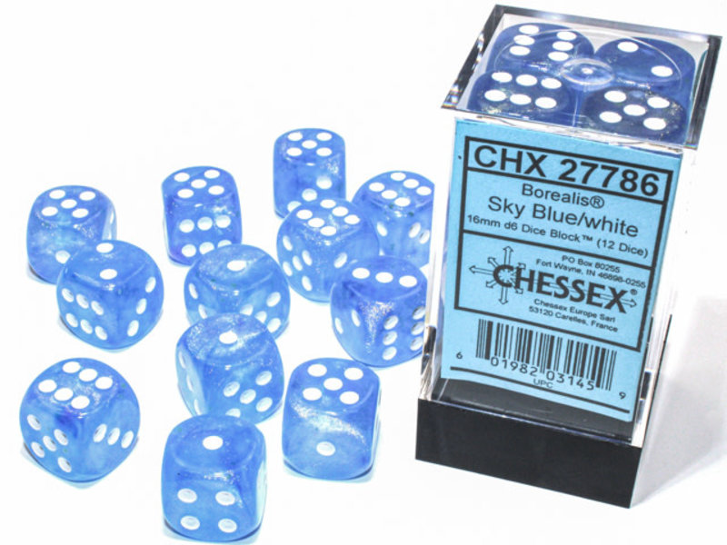 Chessex Borealis 12 * D6 Sky Blue / White 16mm Luminary Chessex Dice (CHX27786)