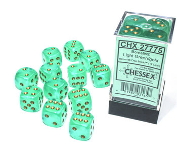 Borealis 12 * D6 Light Green / Gold 16mm Luminary Chessex Dice (CHX27775)