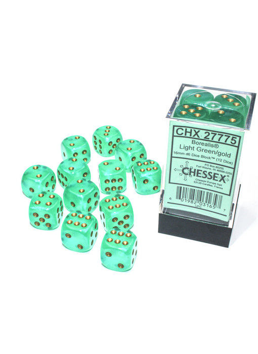 Borealis 12 * D6 Light Green / Gold 16mm Luminary Chessex Dice (CHX27775)