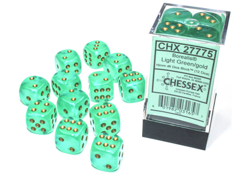 Chessex Borealis 12 * D6 Light Green / Gold 16mm Luminary Chessex Dice (CHX27775)