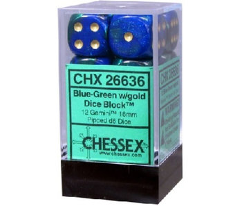 Gemini 12 * D6 Blue-Green / Gold 16mm Chessex Dice (CHX26636)