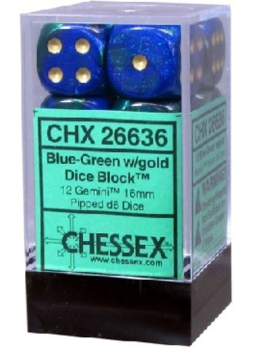 Gemini 12 * D6 Blue-Green / Gold 16mm Chessex Dice (CHX26636)