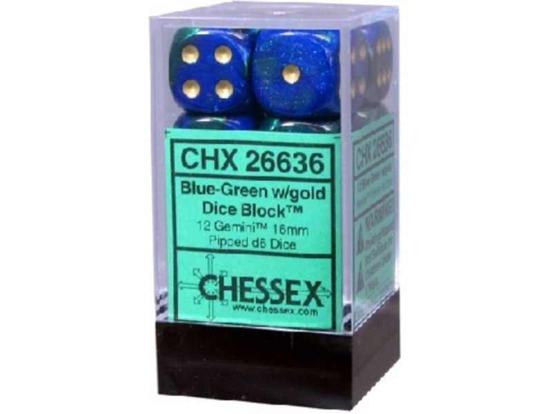Chessex Gemini 12 * D6 Blue-Green / Gold 16mm Chessex Dice (CHX26636)