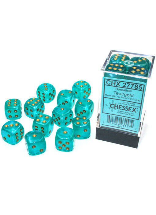 Borealis 12 * D6 Teal / Gold 16mm Luminary Chessex Dice (CHX27785)