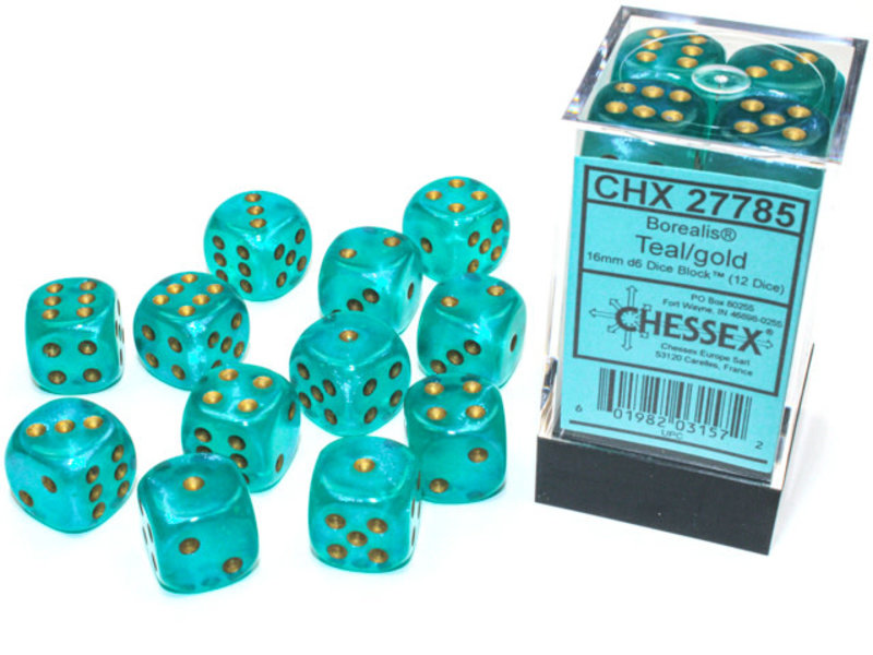 Chessex Borealis 12 * D6 Teal / Gold 16mm Luminary Chessex Dice (CHX27785)