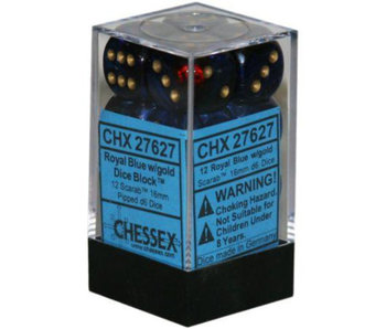 Scarab 12 * D6 Royal Blue / Gold 16mm Chessex Dice (CHX27627)