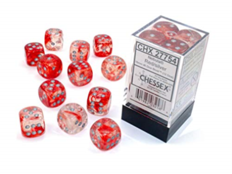 Chessex Nebula 12 * D6 Red / Silver Luminary 16mm Chessex Dice (CHX27754)