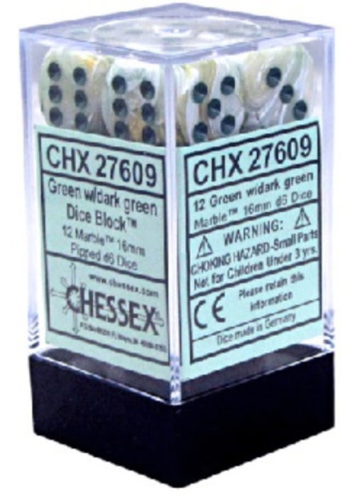 Marble 12 * D6 Green / Dark Green 16mm Chessex Dice (CHX27609)