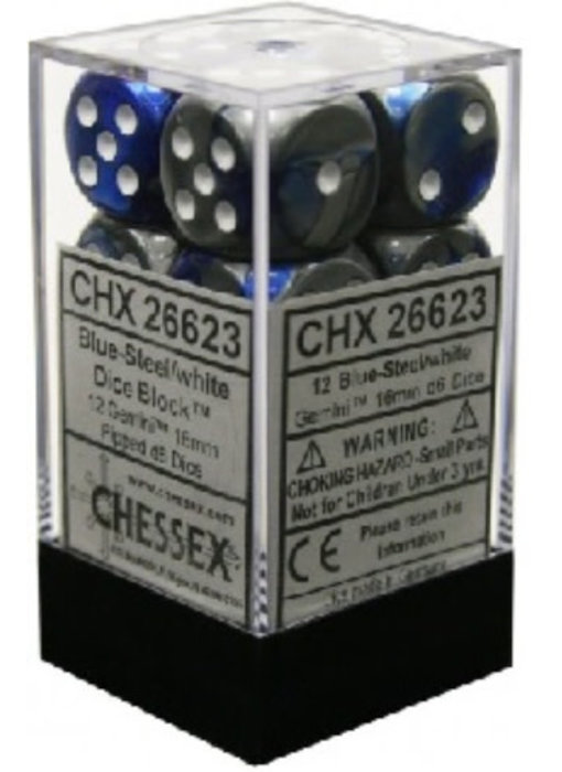 Gemini 12 * D6 Blue-Steel / White 16mm Chessex Dice (CHX26623)