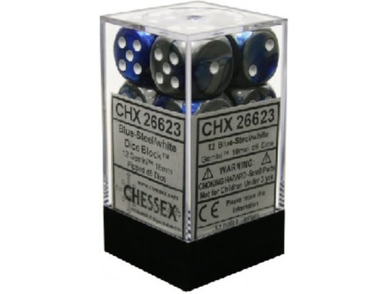 Chessex Gemini 12 * D6 Blue-Steel / White 16mm Chessex Dice (CHX26623)