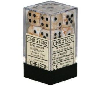 Marble 12 * D6 Ivory / Black 16mm Chessex Dice (CHX27602)