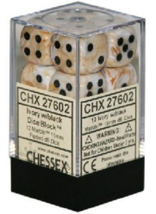 Marble 12 * D6 Ivory / Black 16mm Chessex Dice (CHX27602)