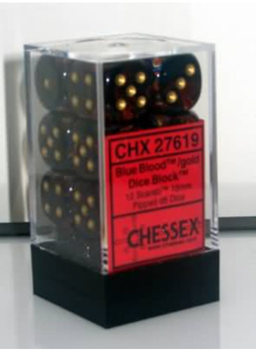 Scarab 12 * D6 Blue Blood / Gold 16mm Chessex Dice (CHX27619)