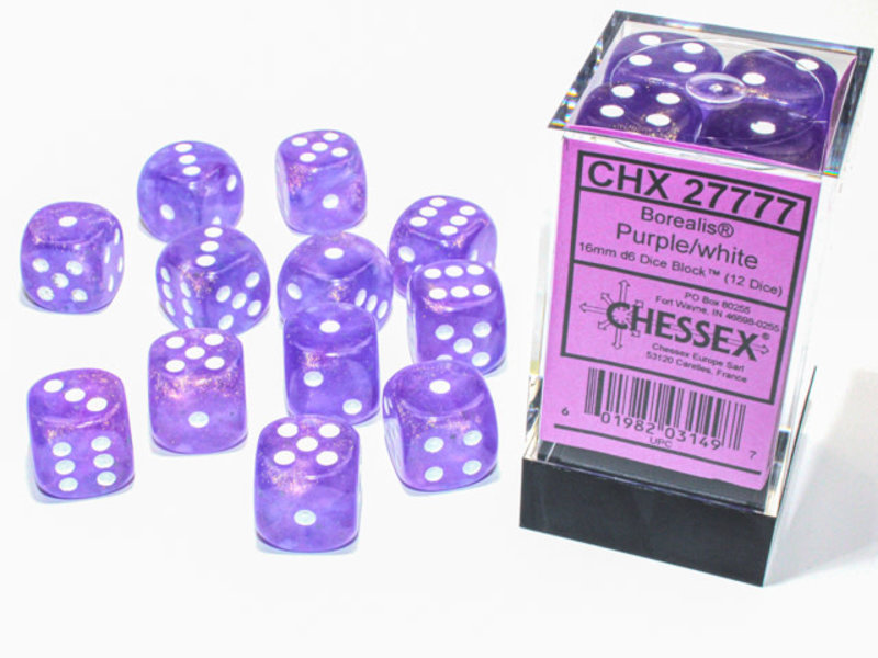 Chessex Borealis 12 * D6 Purple / White 16mm Luminary Chessex Dice (CHX27777)