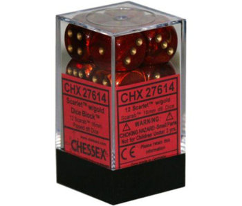 Scarab 12 * D6 Scarlet / Gold 16mm Chessex Dice (CHX27614)