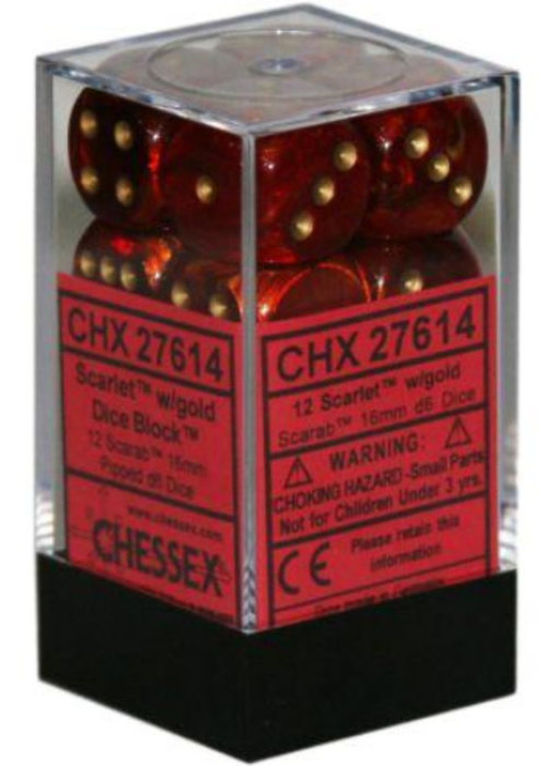 Scarab 12 * D6 Scarlet / Gold 16mm Chessex Dice (CHX27614)