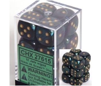 Scarab 12 * D6 Jade / Gold 16mm Chessex Dice (CHX27615)