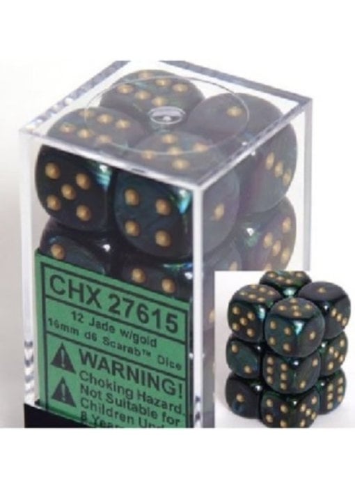 Scarab 12 * D6 Jade / Gold 16mm Chessex Dice (CHX27615)