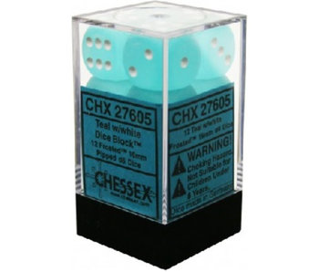 Frosted 12 * D6 Teal / White 16mm Chessex Dice (CHX27605)