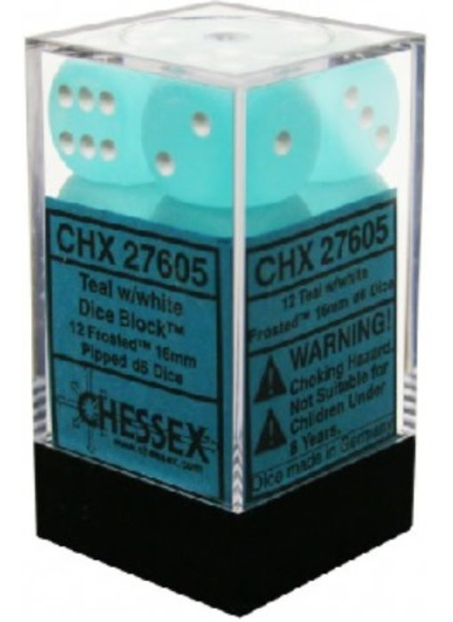 Frosted 12 * D6 Teal / White 16mm Chessex Dice (CHX27605)