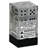 Chessex Frosted 12 * D6 Clear / Black 16mm Chessex Dice (CHX27601)
