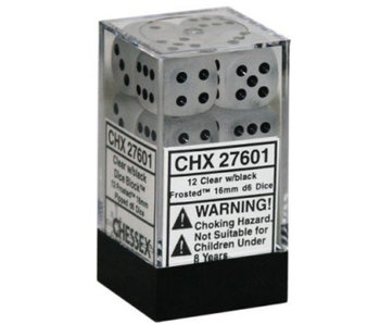 Frosted 12 * D6 Clear / Black 16mm Chessex Dice (CHX27601)