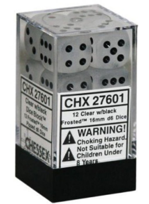 Frosted 12 * D6 Clear / Black 16mm Chessex Dice (CHX27601)