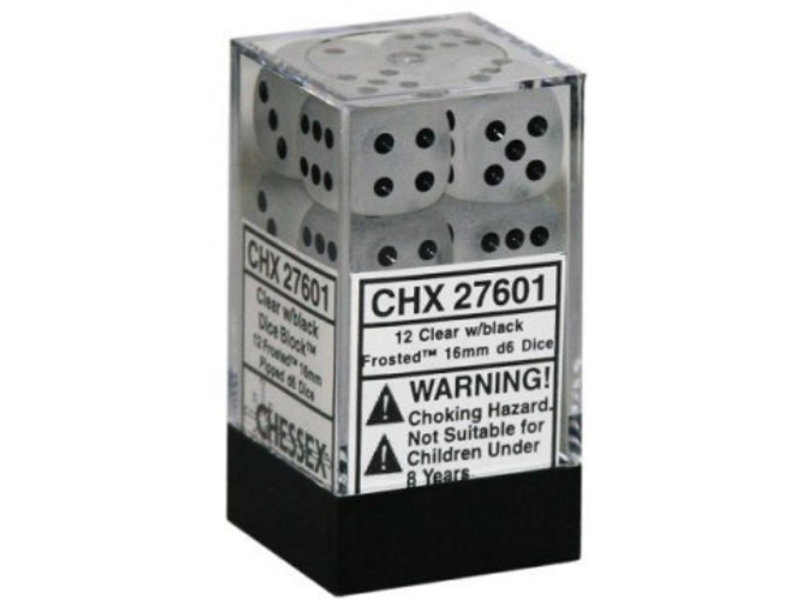 Chessex Frosted 12 * D6 Clear / Black 16mm Chessex Dice (CHX27601)