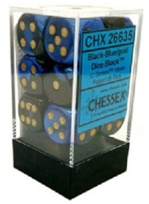 Gemini 12 * D6 Black-Blue / Gold 16mm Chessex Dice (CHX26635)