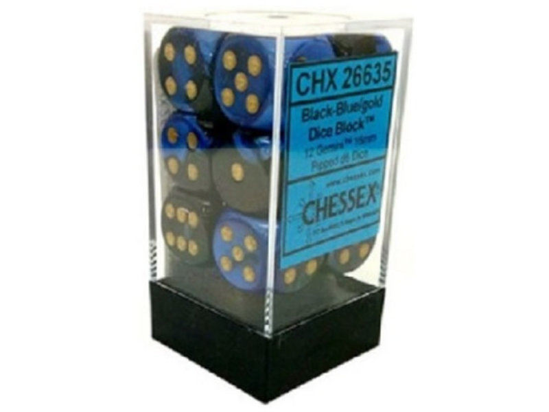 Chessex Gemini 12 * D6 Black-Blue / Gold 16mm Chessex Dice (CHX26635)