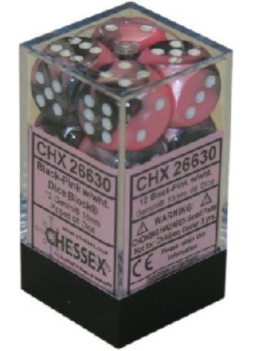 Gemini 12 * D6 Black-Pink / White 16mm Chessex Dice (CHX26630)