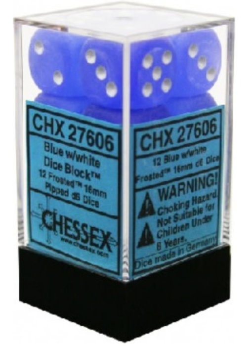 Frosted 12 * D6 Blue / White 16mm Chessex Dice (CHX27606)