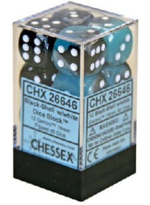 Gemini 12 * D6 Black-Shell / White 16mm Chessex Dice (CHX26646)