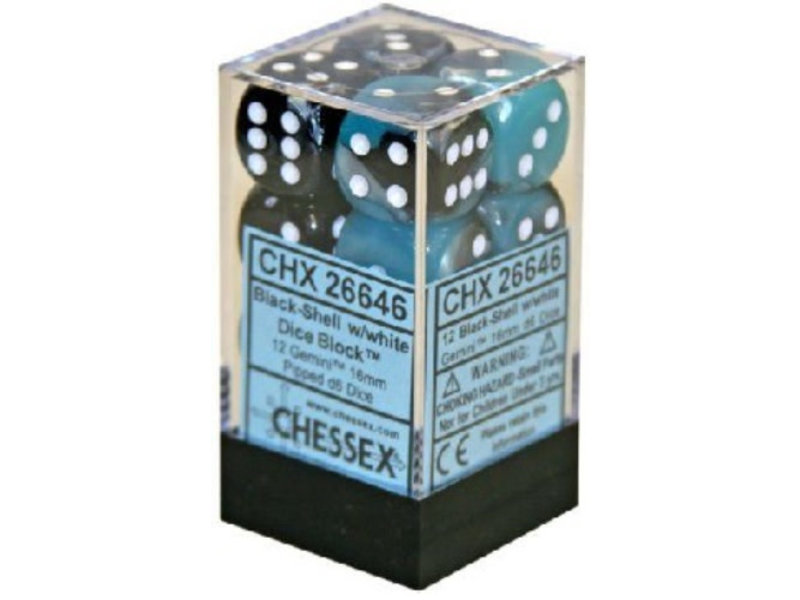 Chessex Gemini 12 * D6 Black-Shell / White 16mm Chessex Dice (CHX26646)